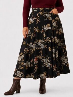 Vintage 90s Black Floral Full Maxi Skirt Estimated US 12 L-XL 34” elastic waist
